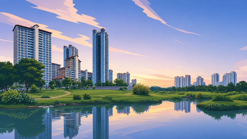 Condo towers by the water at dusk, illustration